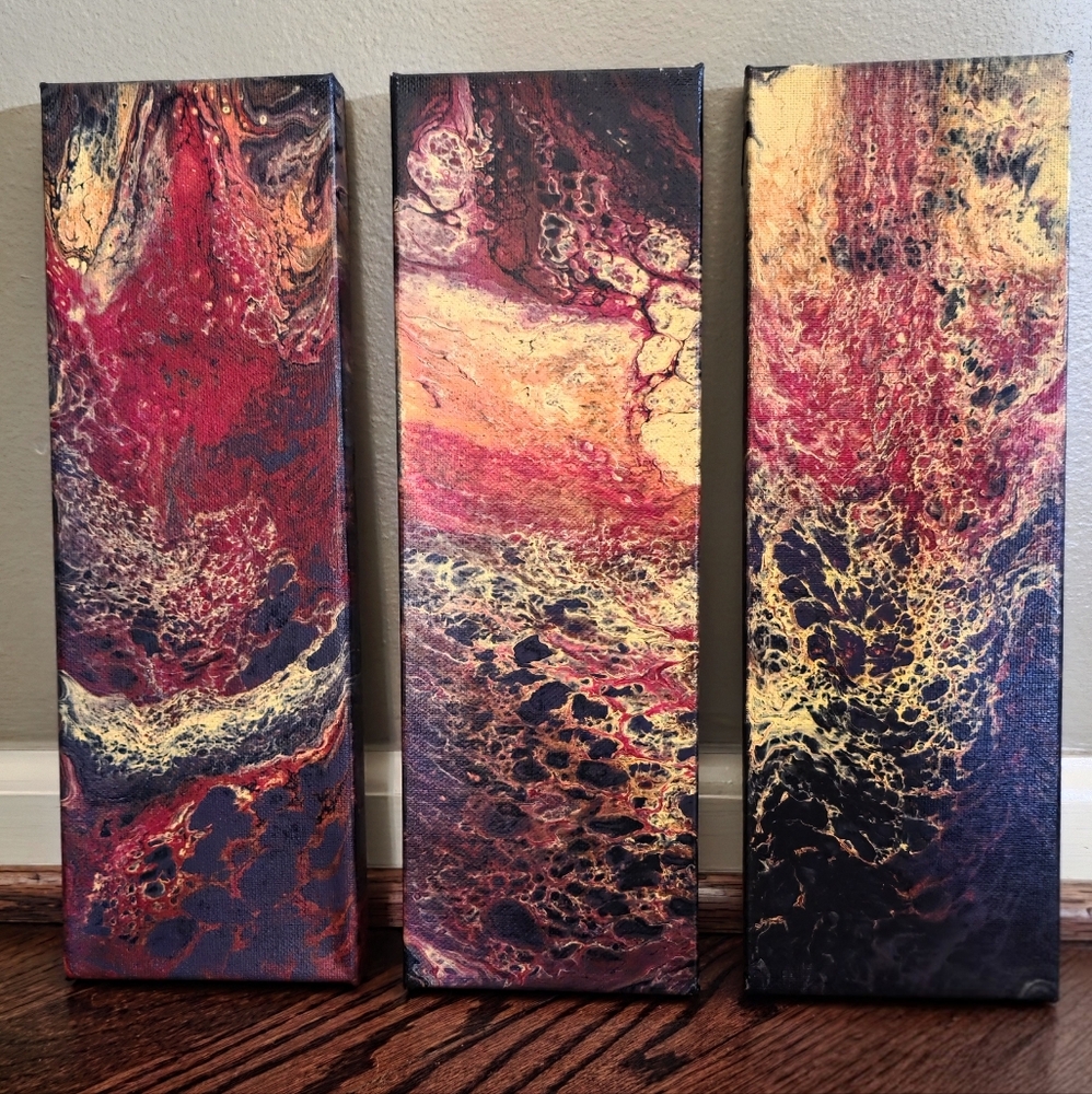 Original Abstract Canvas Art Set - Red, Yellow, Eggplant, Black